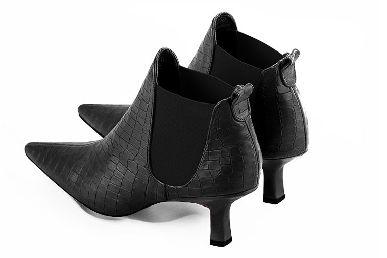 Satin black women's ankle boots, with elastics. Pointed toe. Medium spool heels. Rear view - Florence KOOIJMAN